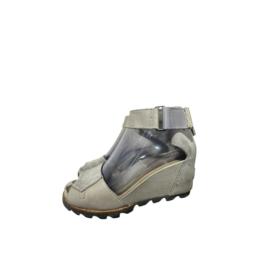 Sorel Joanie II Wedge Sandals Suede Ankle Strap Suede Zip Back Gray Sz 7